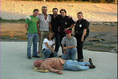 Stephen J. Cannell with crew from 'Cold Hit': Mindy Cannon-Producer, Brent Roske-Director, Cliff Hsui-DP, Charlene Wee-MakeUp, Jo Swerling-Actor/Writer
