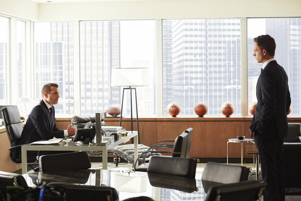 Still of Gabriel Macht, Michael Ross and Patrick J. Adams in Suits (2011)