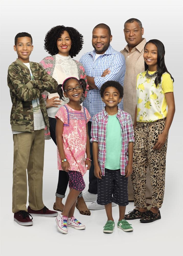 Still of Laurence Fishburne, Anthony Anderson, Tracee Ellis Ross, Yara Shahidi, Marcus Scribner, Miles Brown and Marsai Martin in Black-ish (2014)