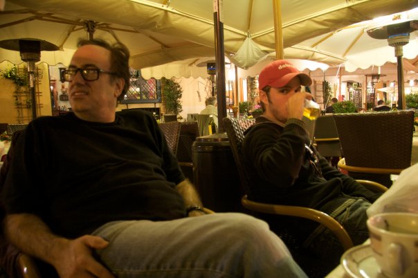 Award-winning directors Richard Rossi and Mark Freiburger at a Roman cafe at night. Richard's film 