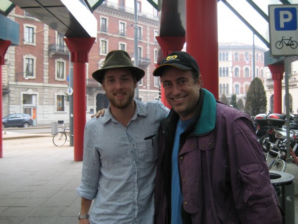 Cinematographer Rob Givens and director Richard Rossi outside train station in Milan, en route to film festival where both their films are up for awards. (November, 2008)