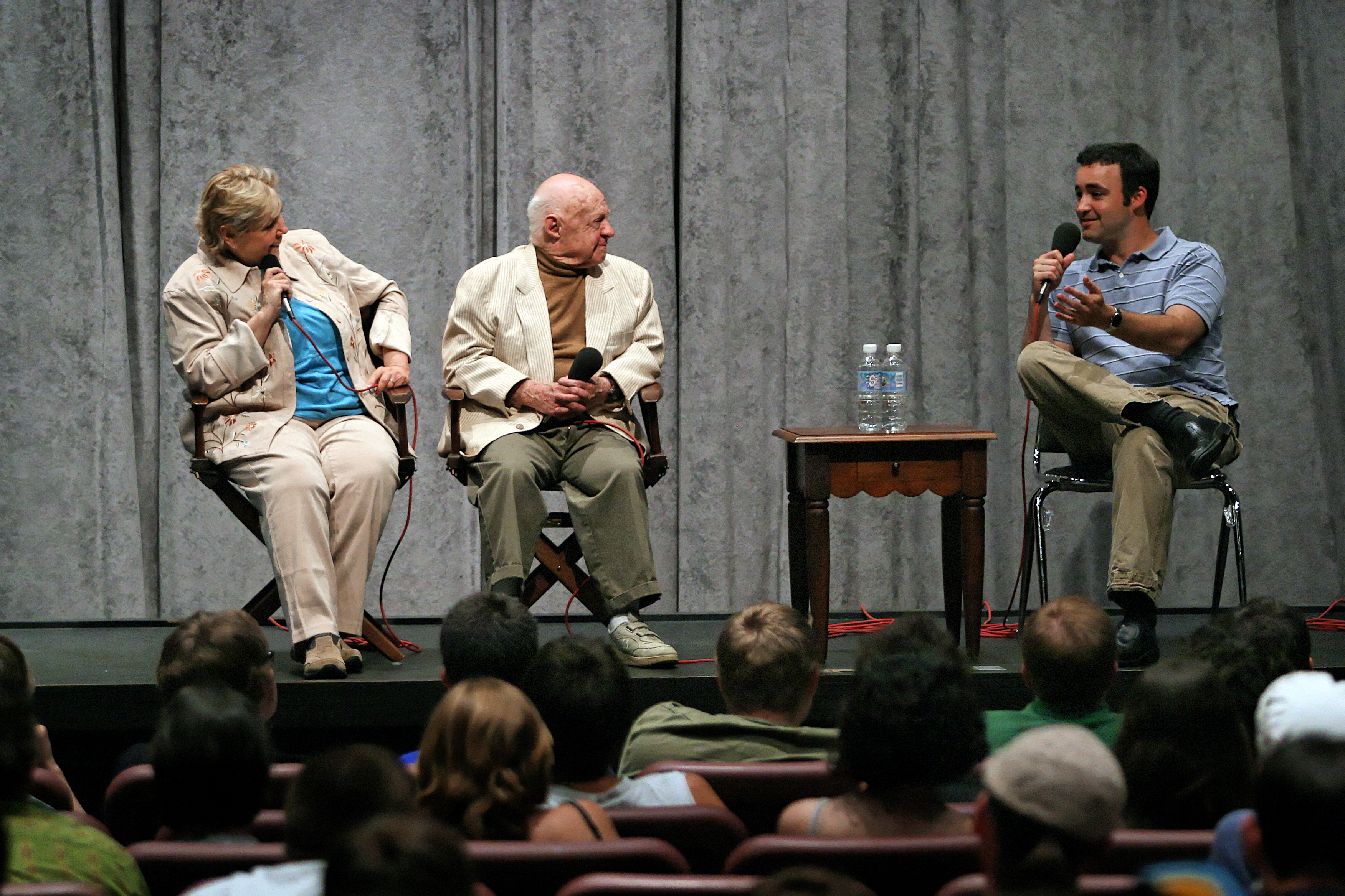 Director David Rotan speaking with Mickey Rooney and wife Jan Chamberlin Rooney during a Q&A appearance held at the North Carolina School of the Arts in Winston-Salem, NC, before filming 