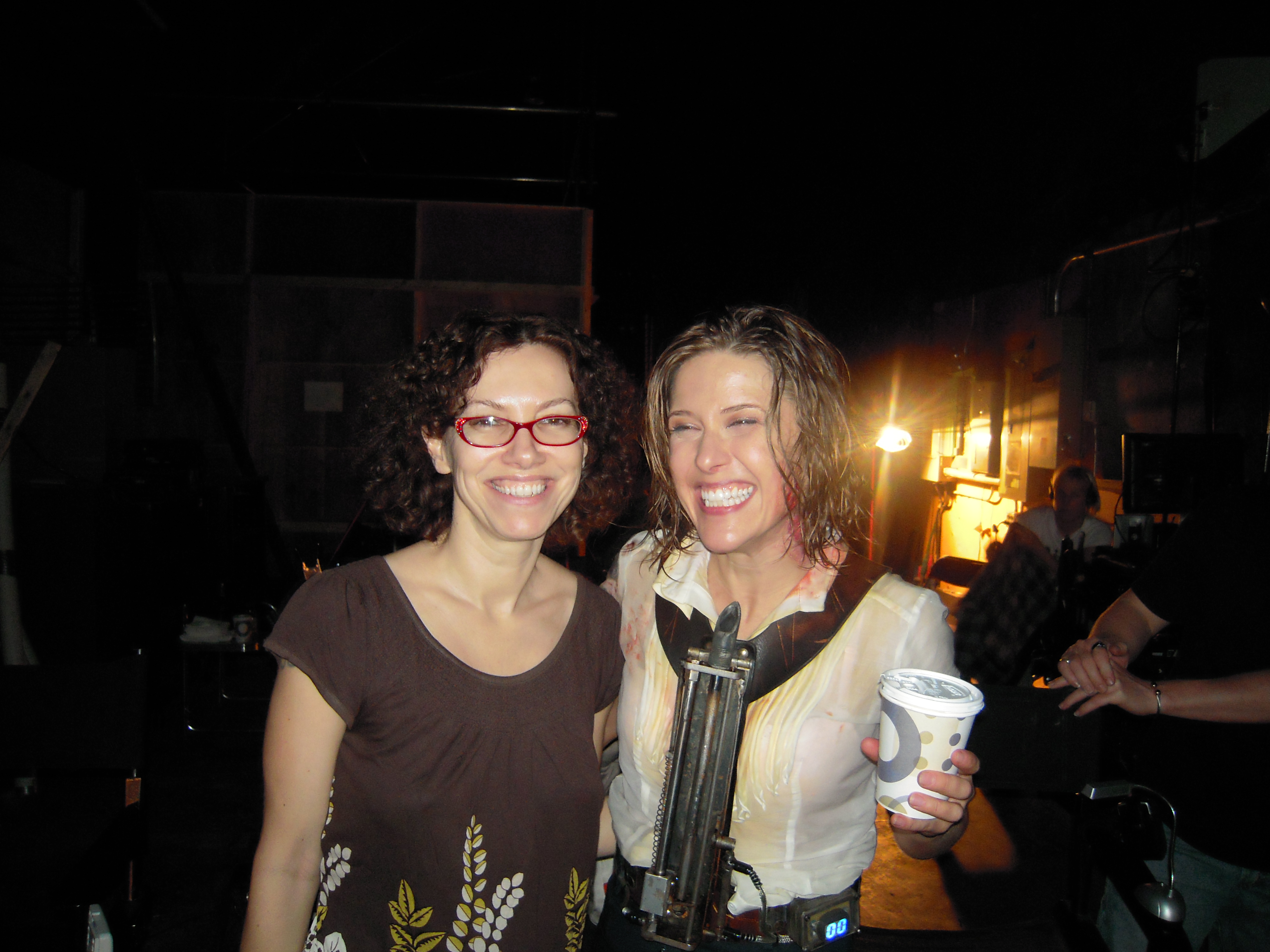 Elizabeth Rowin and Caroline Cave on the set of SAW VI.