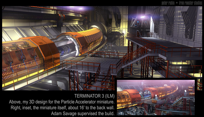 My 3D design for the Particle Accelerator from Terminator 3 (after Jeff Mann). Inset, the miniature that was built from it. Adam Savage supervised the build, which I art directed.