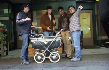 (L-r) Directors ANTHONY RUSSO and JOE RUSSO flank WILLIAM H. MACY and SAM ROCKWELL on location