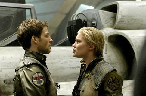 Still of Jamie Bamber and Katee Sackhoff in Battlestar Galactica (2004)