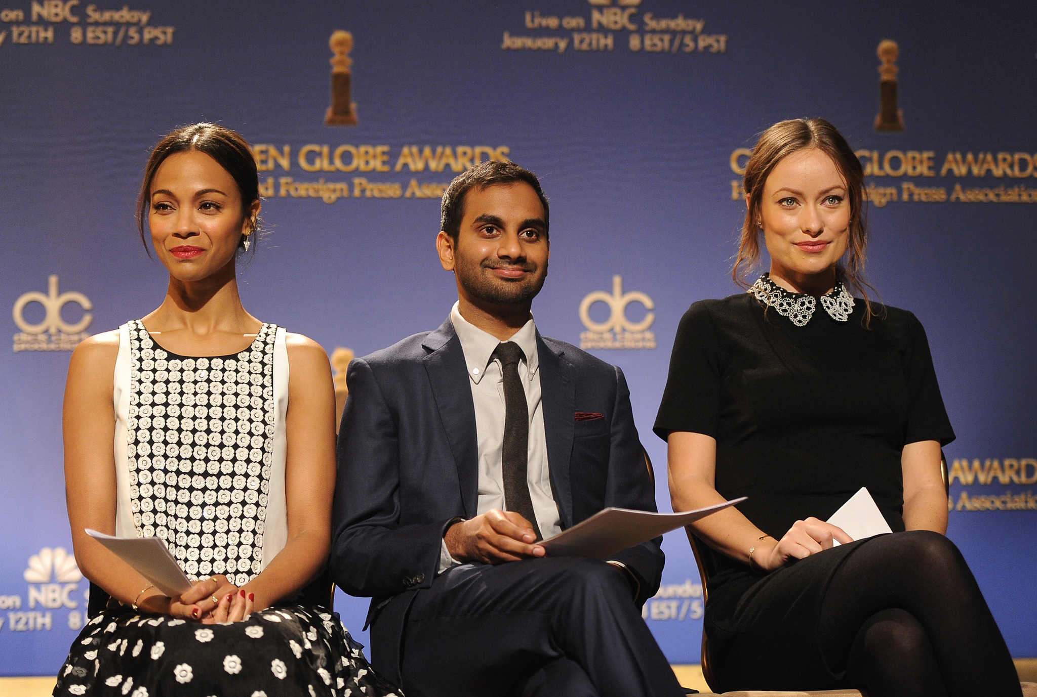 Zoe Saldana, Olivia Wilde and Aziz Ansari at event of 71st Golden Globe Awards (2014)