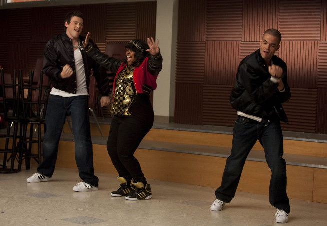 Still of Mark Salling, Cory Monteith and Amber Riley in Glee (2009)