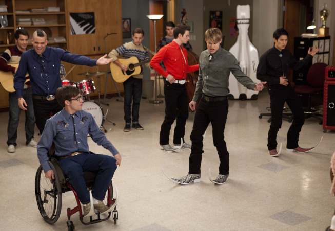 Still of Mark Salling, Kevin McHale, Chris Colfer and Chord Overstreet in Glee (2009)