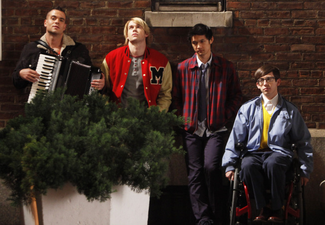 Still of Mark Salling, Mike Harry, Kevin McHale and Chord Overstreet in Glee (2009)