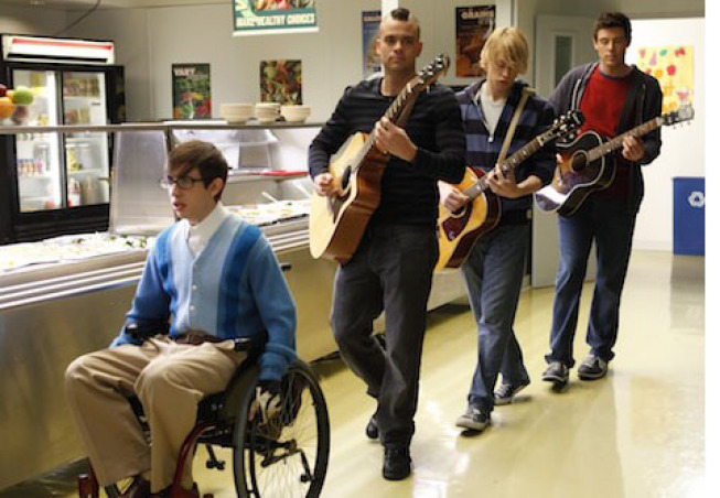 Still of Mark Salling, Cory Monteith, Kevin McHale and Chord Overstreet in Glee (2009)
