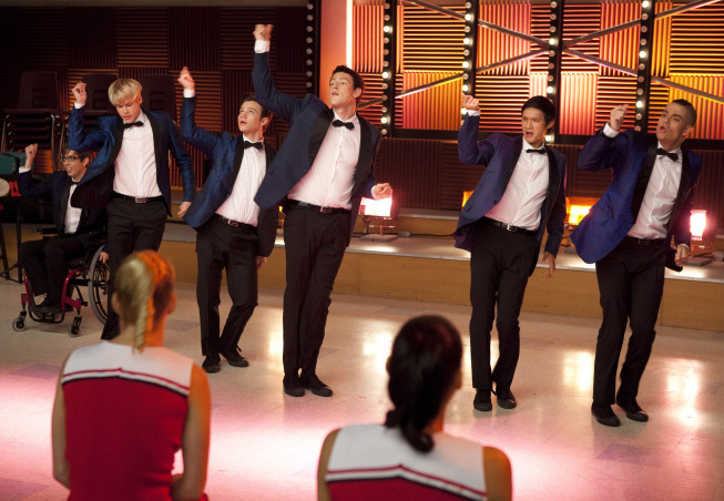 Still of Mark Salling, Harry Shum Jr., Cory Monteith, Chris Colfer and Chord Overstreet in Glee (2009)