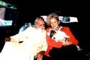 Sri Swami Satchidananda with long time devotee, Golden Globe win Actress, Sally (Satya) Kirkland and Siva, enroute to Oliver Stone's Santa Monica Offices, 1998.