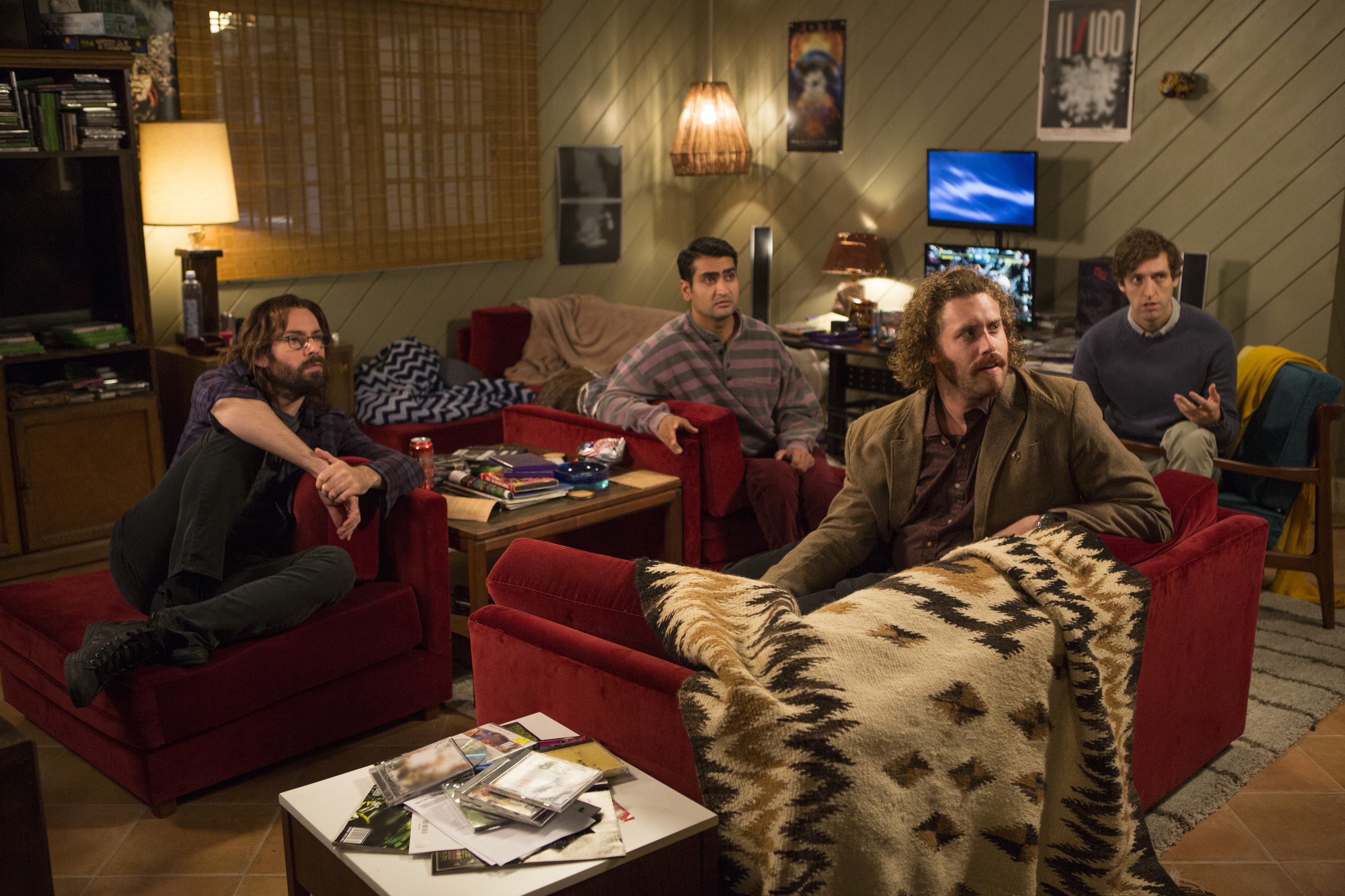 Still of Martin Starr, T.J. Miller, Thomas Middleditch and Kumail Nanjiani in Silicon Valley (2014)