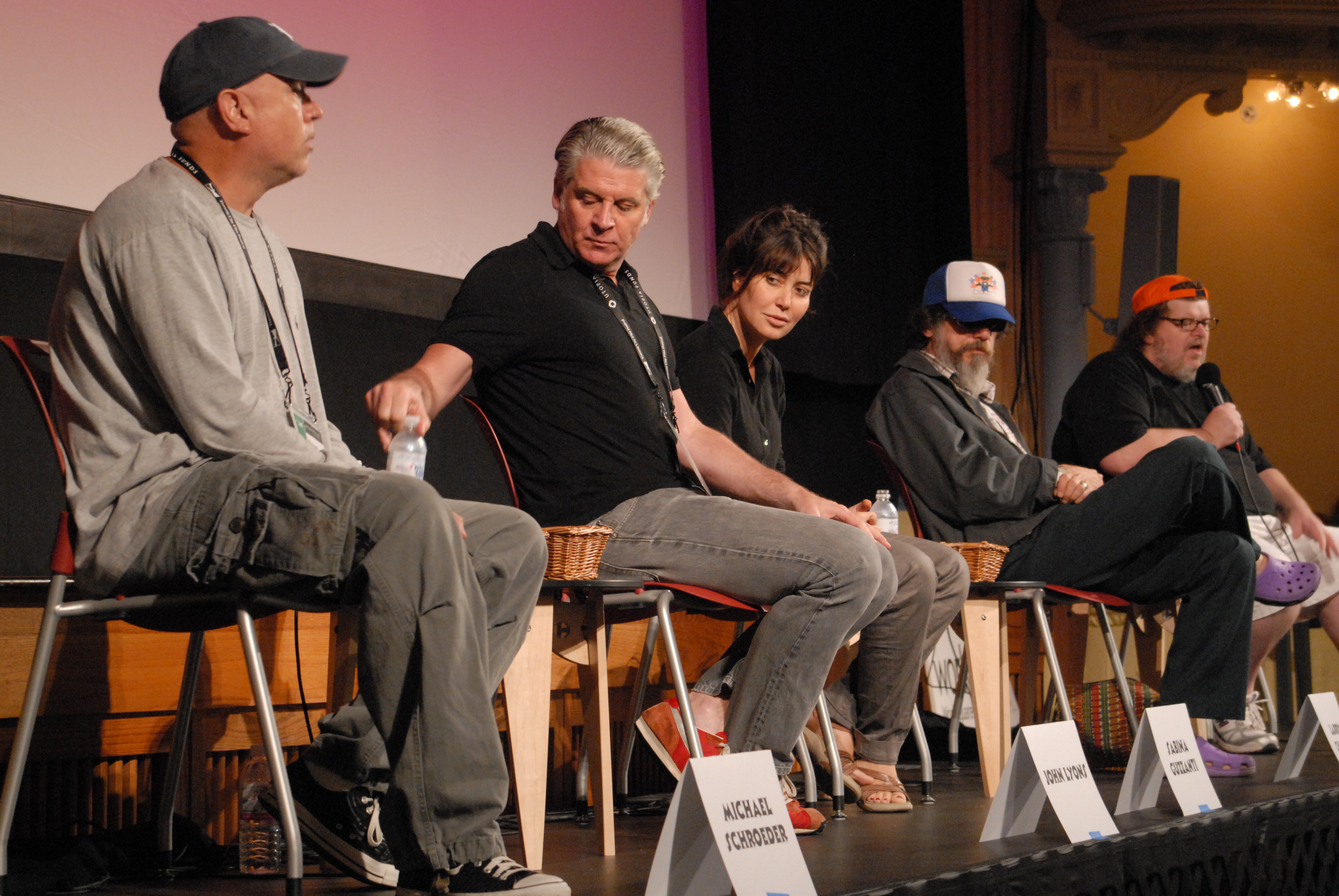 Schroeder with John Lyons (Focus Features), Larry Charles (Barat, Religulous) and Michael Moore on a Comedy Panel at the 2008 Traverse City Film Festival.