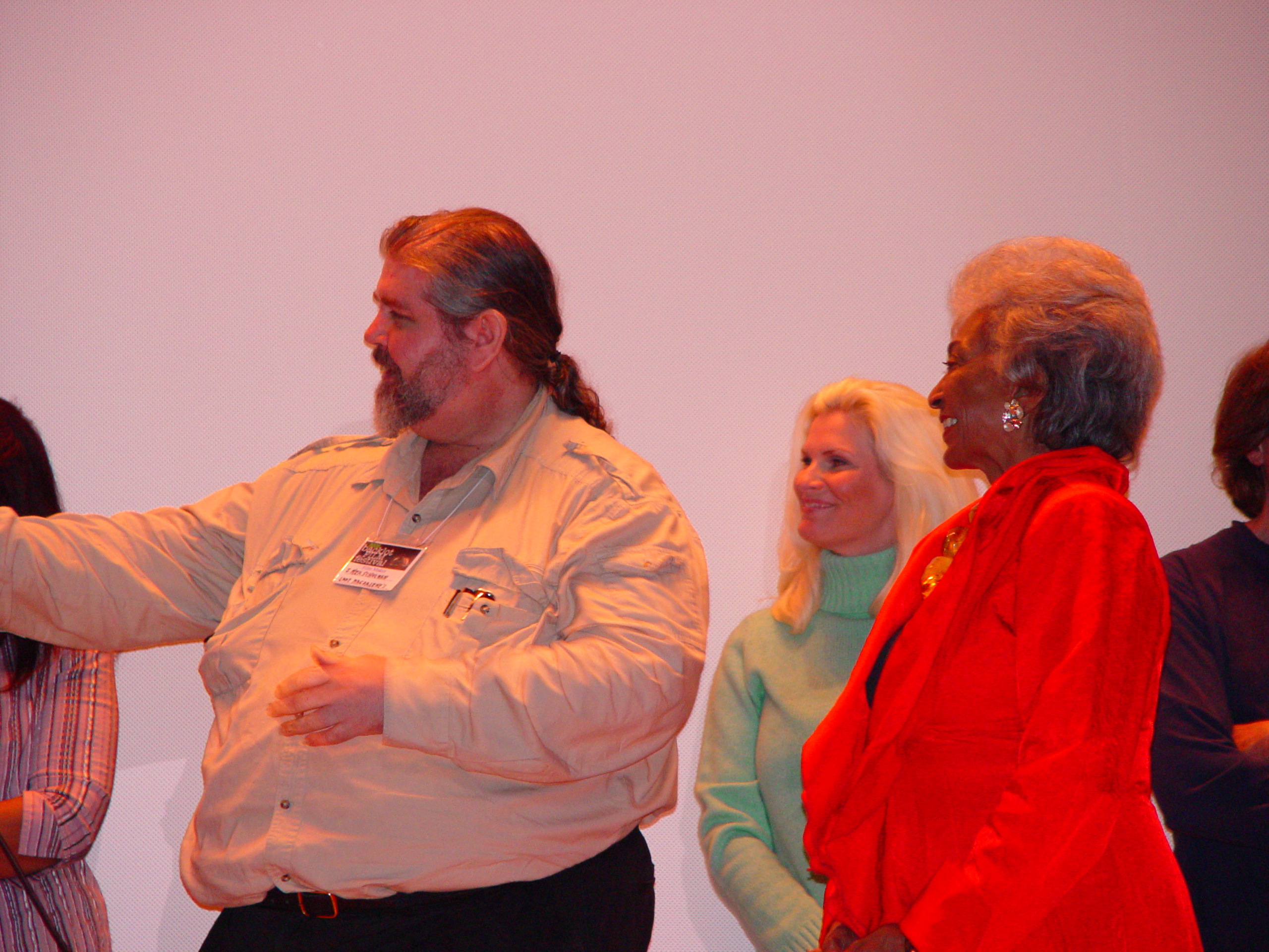 J. Neil Schulman and Nichelle Nichols introduce the cast and crew at the screening of Lady Magdalene's, 2008 Backlot Film Festival. (In background, Kandi Blick)
