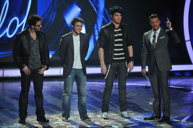 Still of Ryan Seacrest, Adam Lambert, Kris Allen and Danny Gokey in American Idol: The Search for a Superstar (2002)