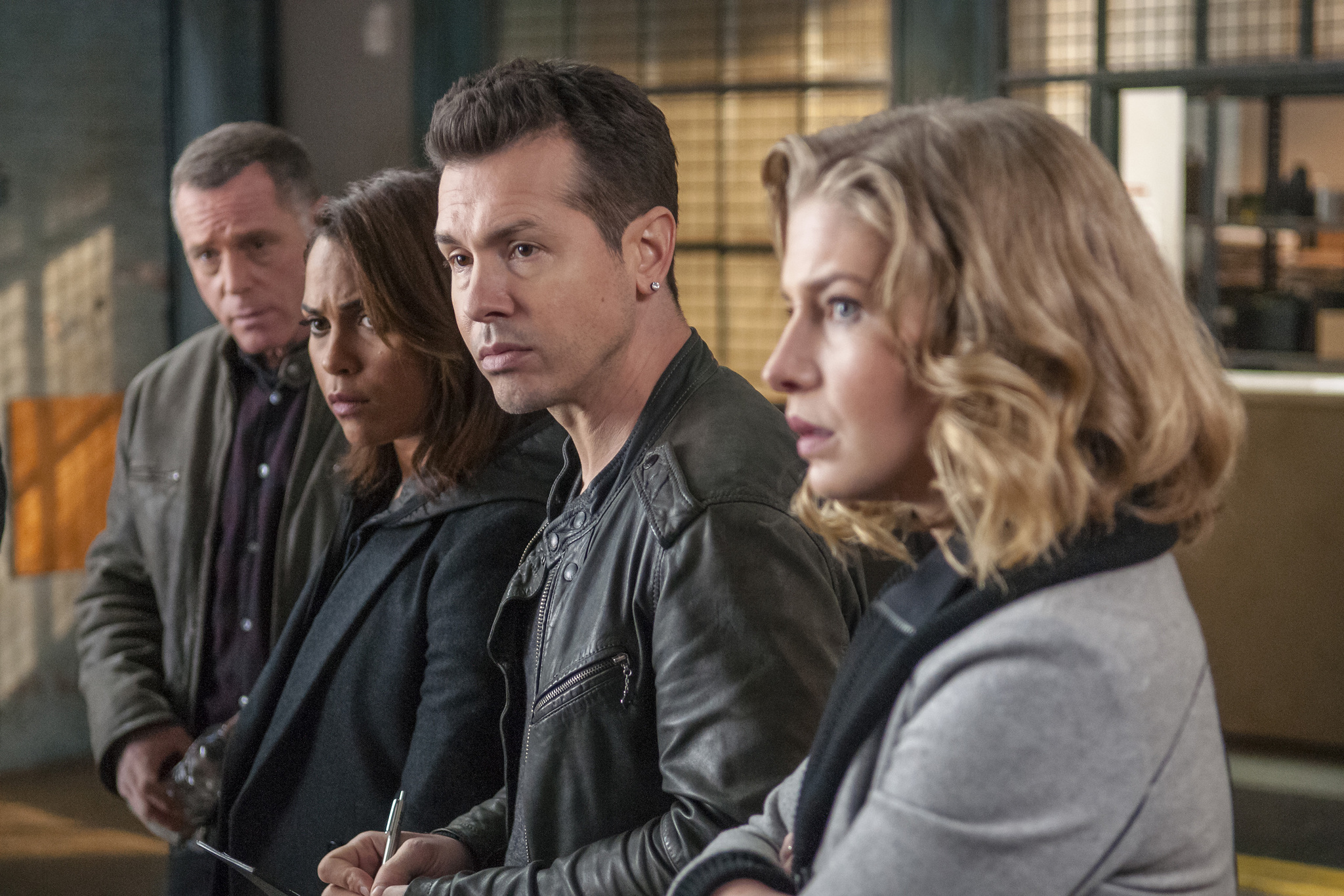 Still of Jason Beghe, Jon Seda and Monica Raymund in Chicago P.D. (2014)