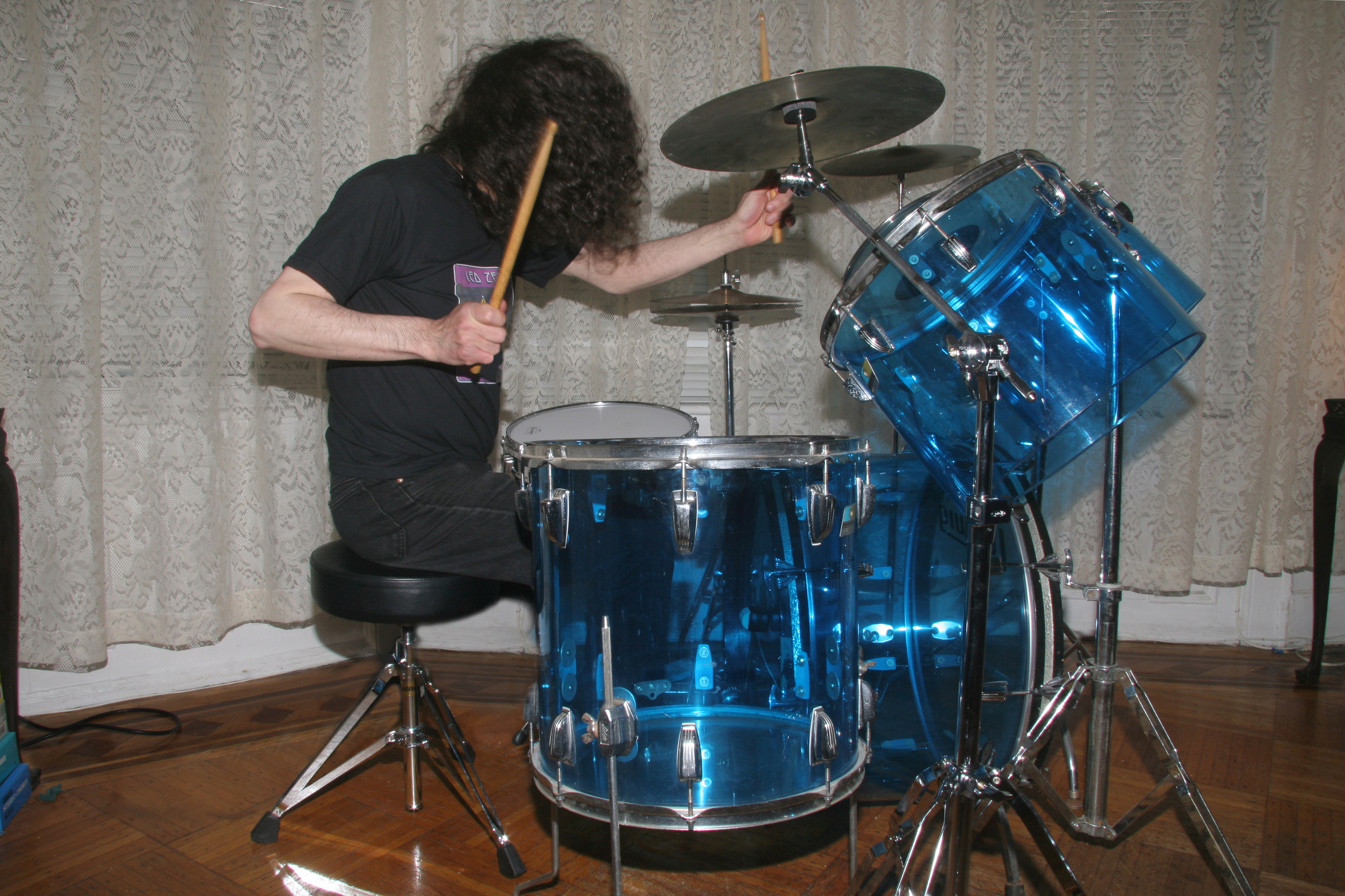Playing my vintage early 1970's Ludwig Blue Vistalite John Bonham-style drums.