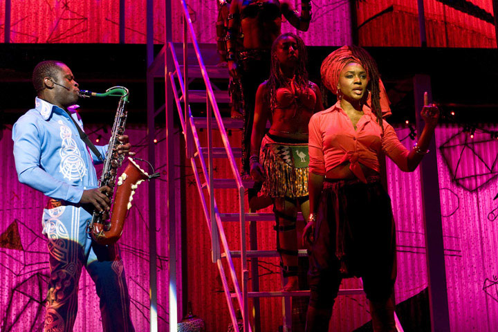 Sahr Ngaujah and Saycon Sengbloh and Catherine Foster in a scene from Fela! on Broadway.
