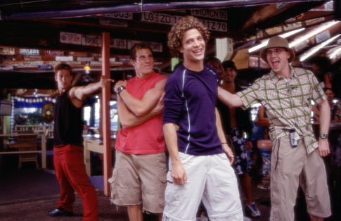 (L-R) Brandon (Greg Siff, in red), Justin (Justin Guarini) and Eddie (Brian Dietzen) enjoy Spring Break in Miami (Background dancer at left Brandon Henschel).
