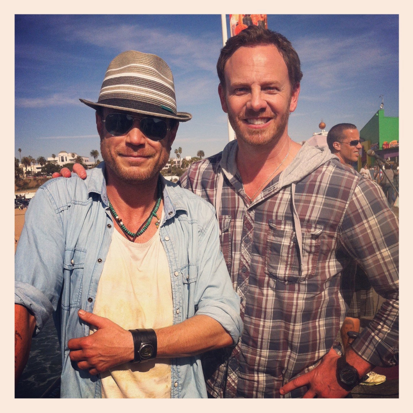 Jaason Simmons and Ian Ziering shooting #SharkNado Santa Monica Pier 2013