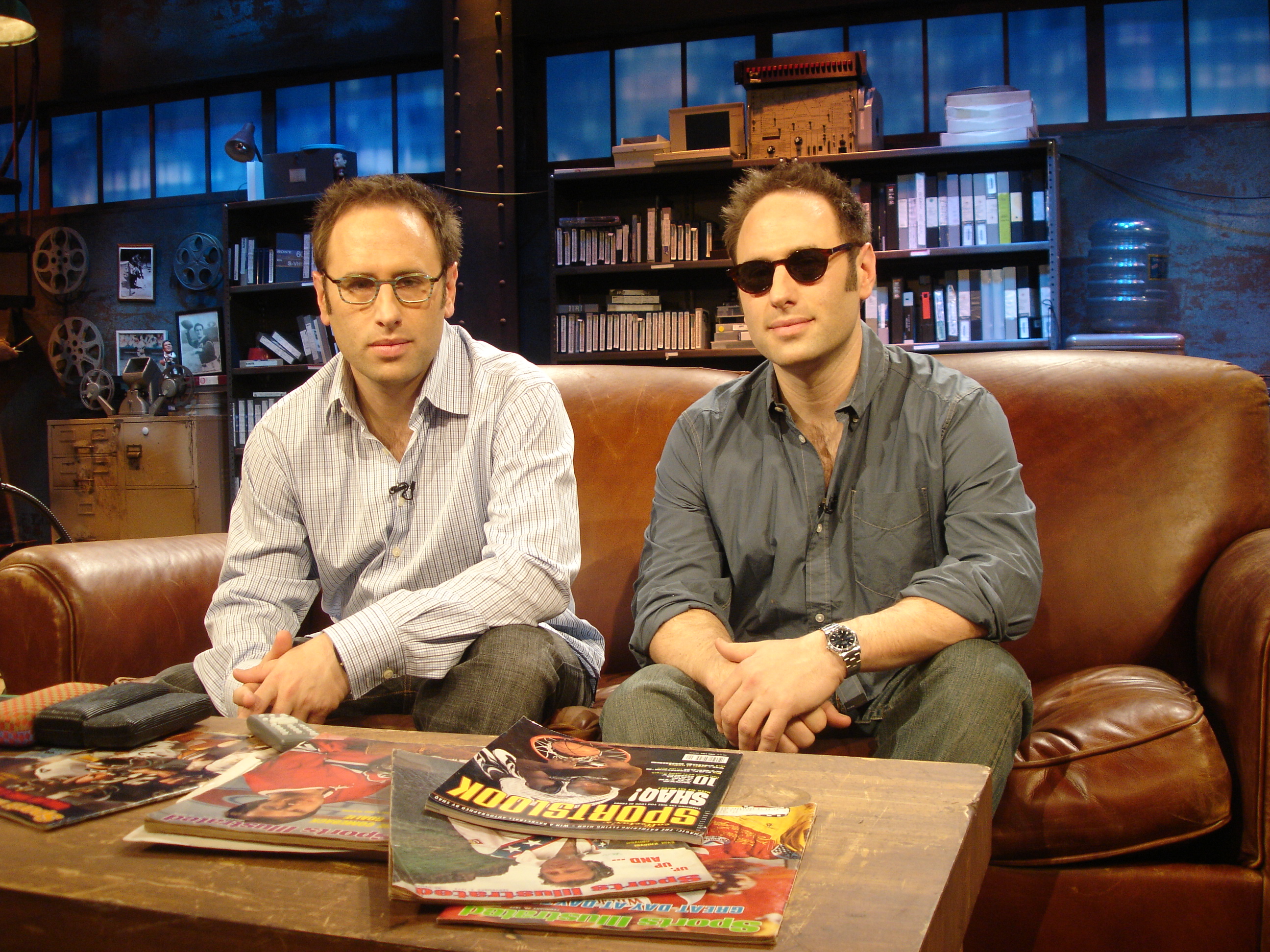Randy (right) with brother, Jason (left) on the set of their ESPN Classic show, Cheap Seats.