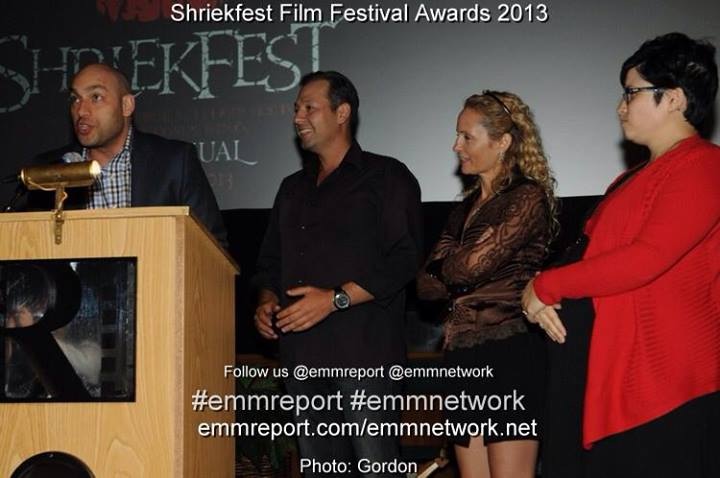 Sam Sleiman with Tarik Heitmann and Denise Gossett. Shriekfest acceptance speech.