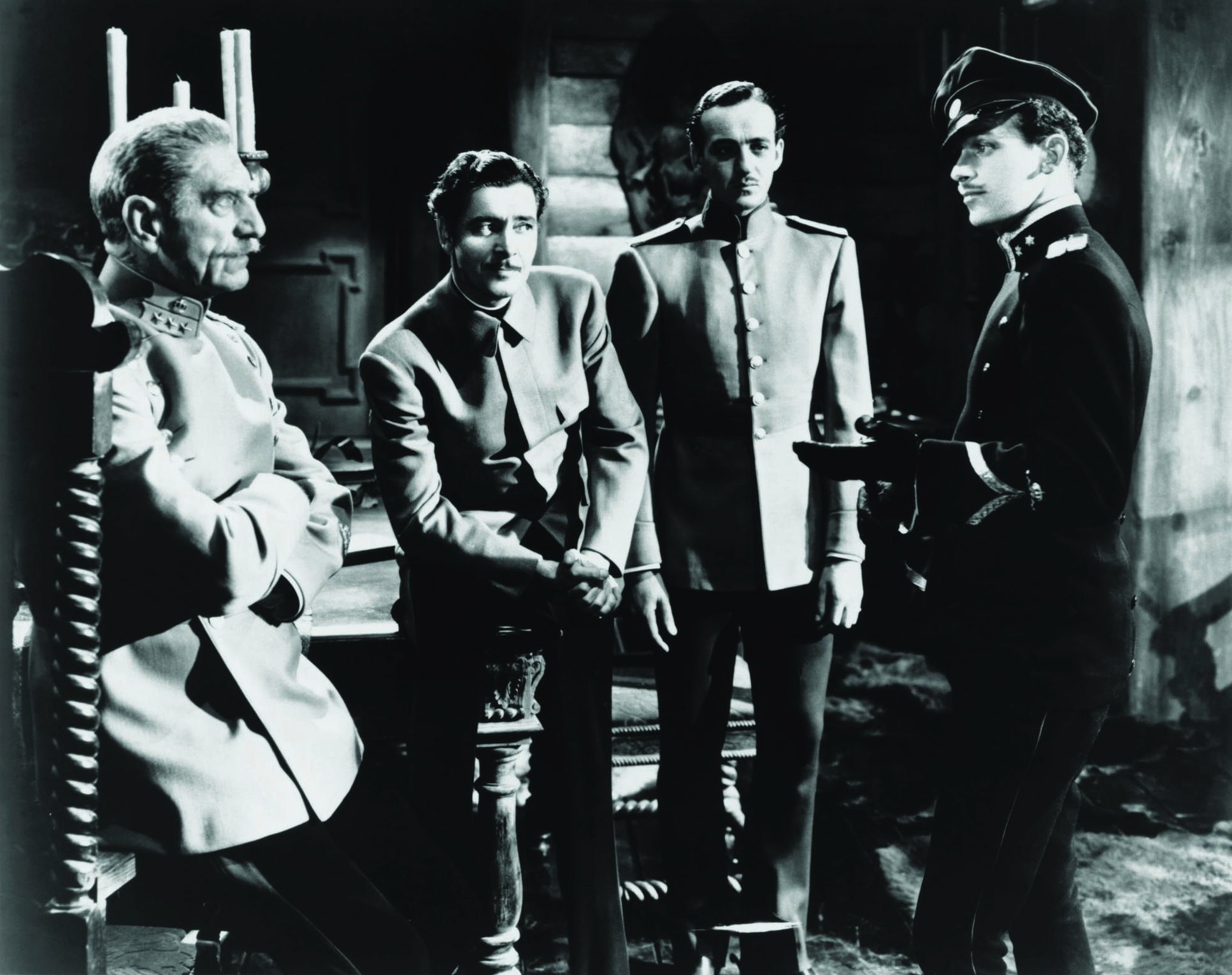 Still of David Niven, Douglas Fairbanks Jr., Ronald Colman and C. Aubrey Smith in The Prisoner of Zenda (1937)