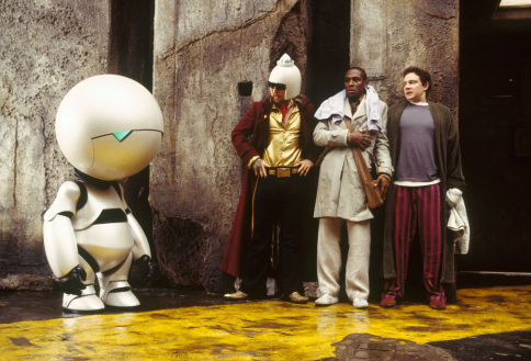 (L-R) Marvin (Warwick Davis), Zaphod Beeblebrox (Sam Rockwell), Ford Prefect (Mos Def), Arthur Dent (Martin Freeman).