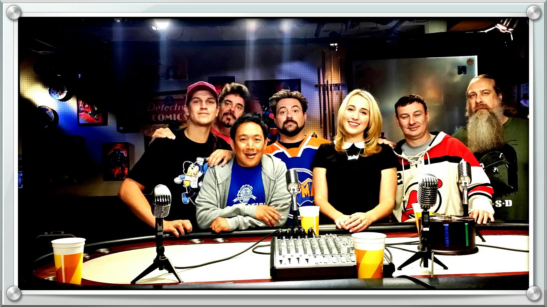 Harley Quinn Smith, Kevin Smith, Jason Mewes, Michael Zapcic, Ming Chen, Walter Flanagan, and Bryan Johnson on the set of Comic Book Men.