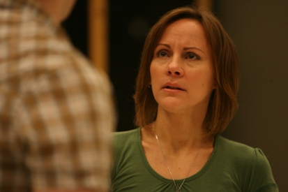 Rehearsal photo from the Goodman Theatre's production of THE CROWD YOU'RE IN WITH by Rebecca Gilman (with Coburn Goss)