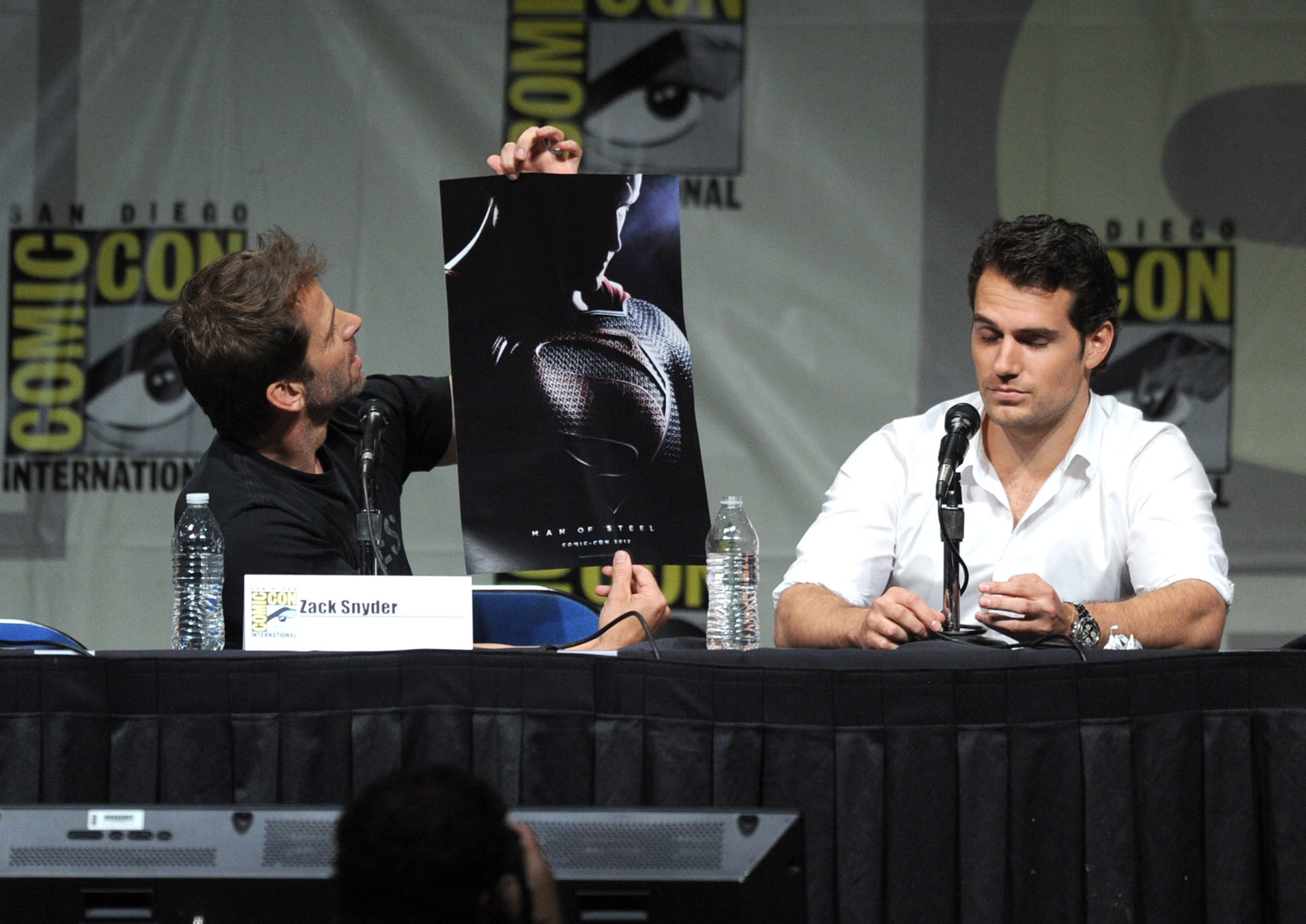 Henry Cavill and Zack Snyder at event of Zmogus is plieno (2013)