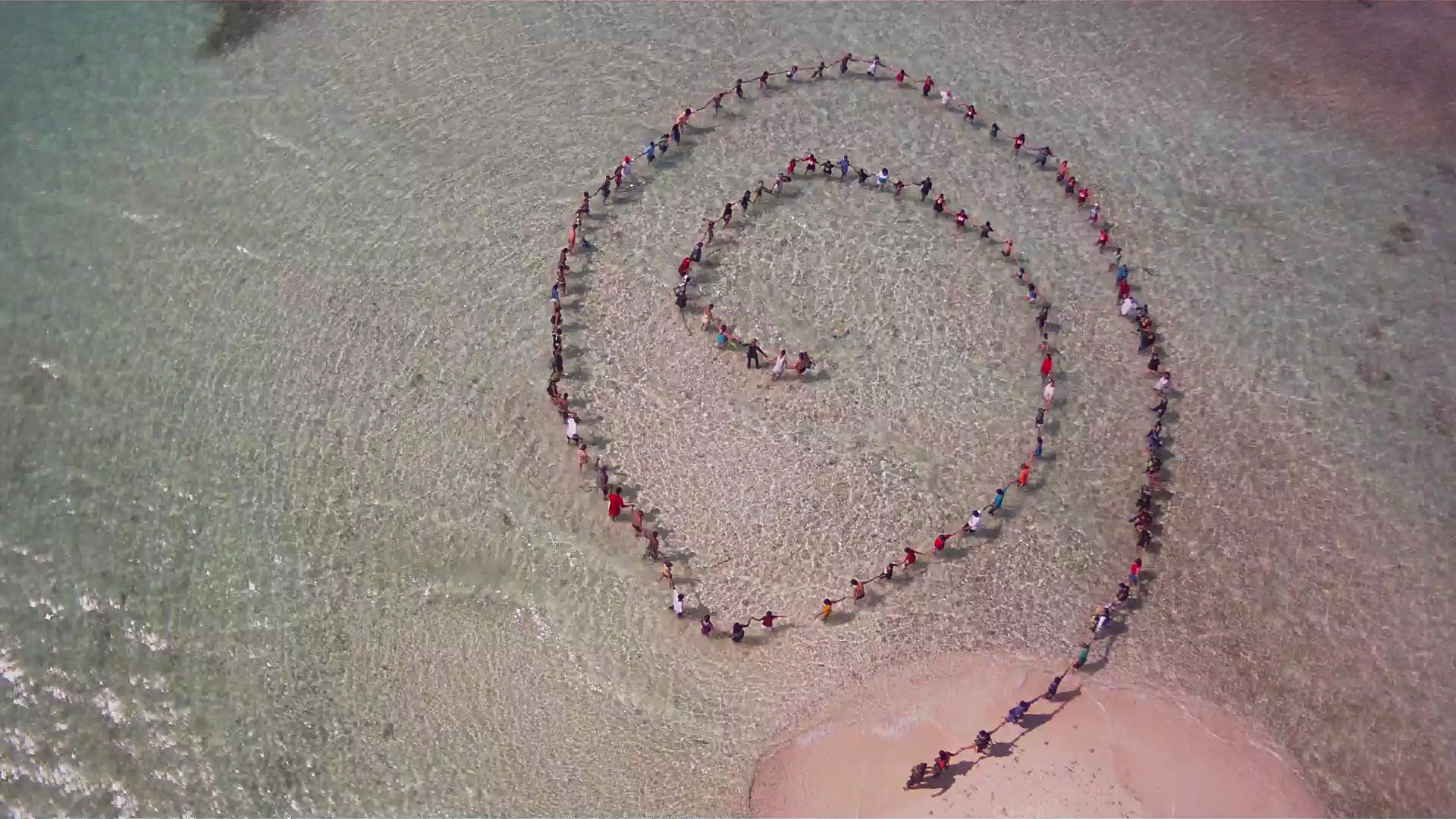 Reef Summit 2010 Belize. 400 Belizians out on a reef with Darryl Hannah forming a message to the world, Harmony (Artist: John Quigley)