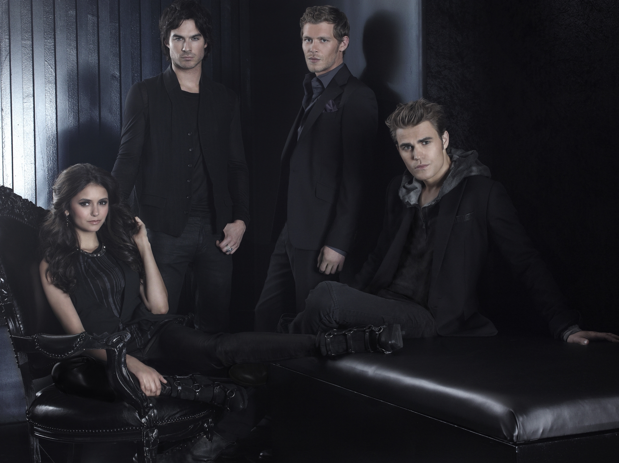 Still of Joseph Morgan, Ian Somerhalder, Paul Wesley and Nina Dobrev in Vampyro dienorasciai (2009)