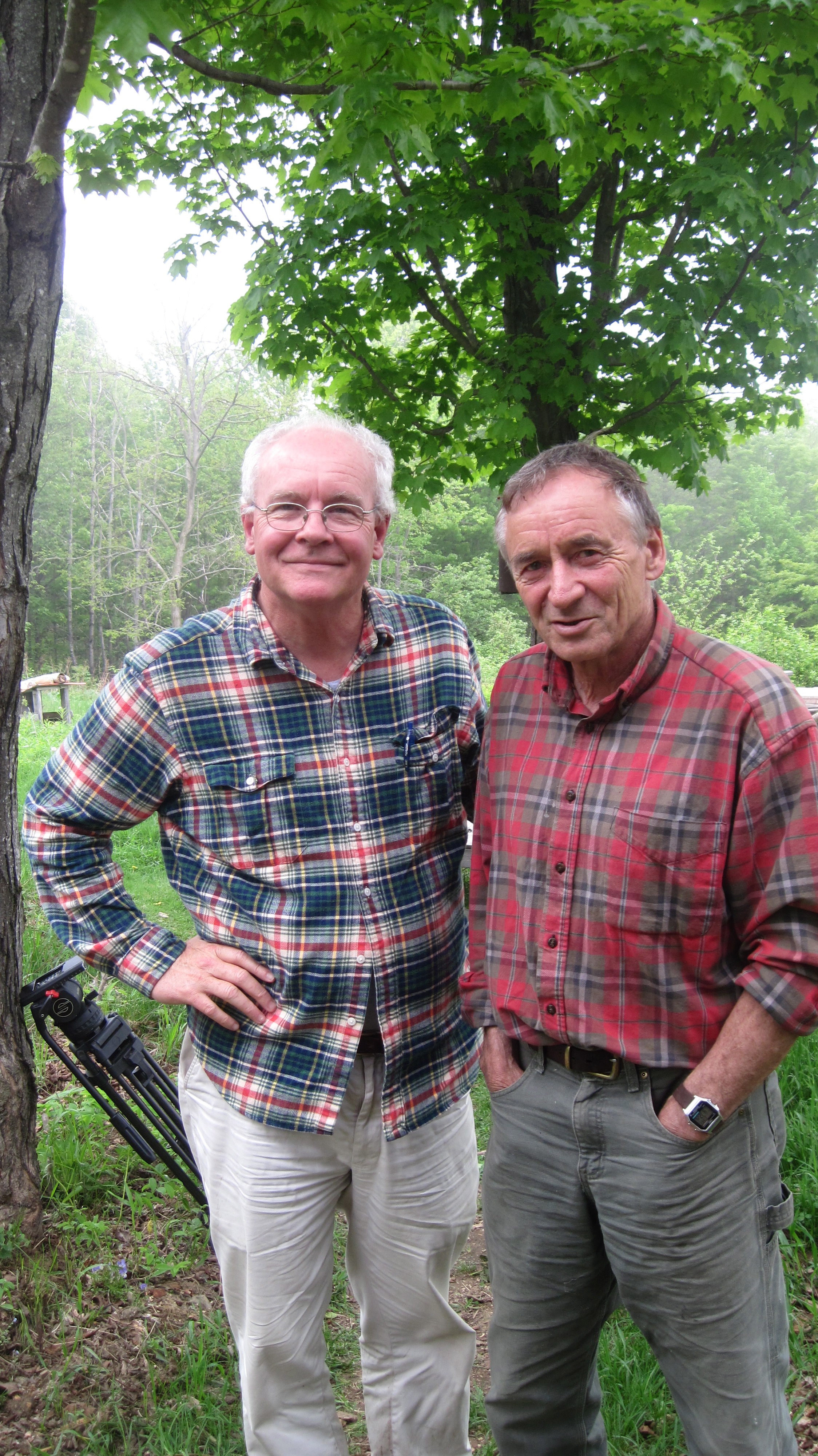 Director Ross Spears with Author Bernd Heinrich during the filming of THE TRUTH ABOUT TREES: A Natural and Human History in 2012.