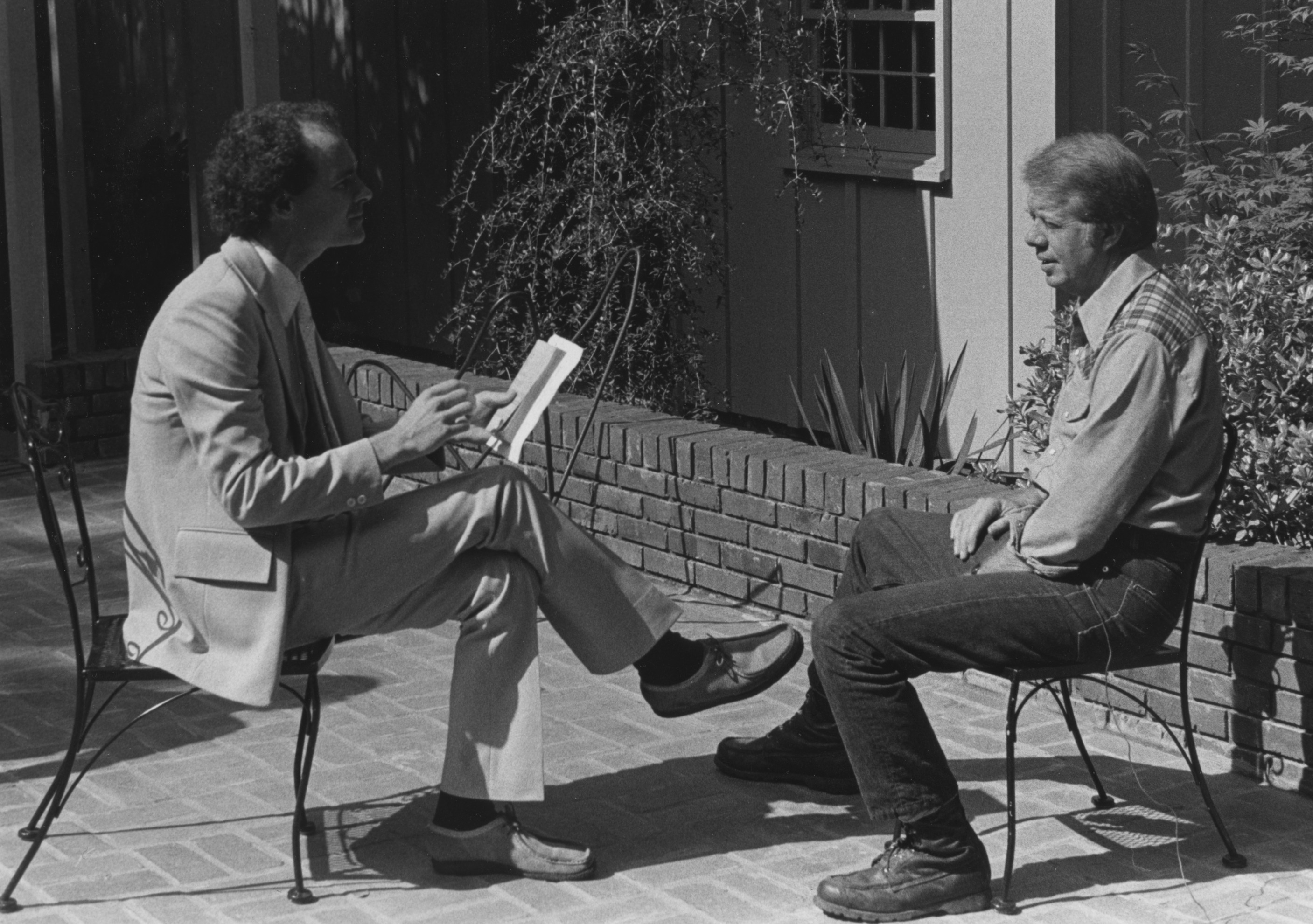 Director Ross Spears interviewing Jimmy Carter in 1976 for the film AGEE. On Carter's back porch in Plains, GA.
