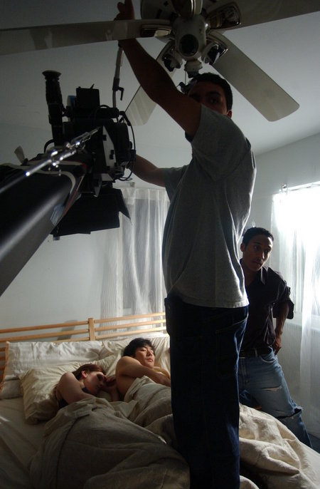 Director Ezra J. Stanley with Cinematographer Alejandro Wilkins and actors Michelle Grey and Max Phyo on the set of A Love In Progress.