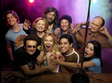 THAT '70s SHOW: The special one-hour premiere of the eighth season of THAT '70s SHOW airs Wednesday, Nov. 2 (8:00-9:00 PM ET/PT) on FOX. Front row L-R: Danny Masterson, Laura Prepon, Wilmer Valderrama, Mila Kunis. Second row L-R: Josh Meyers, Debra Jo Rupp, Tommy Chong, Don Stark, Kurtwood Smith.