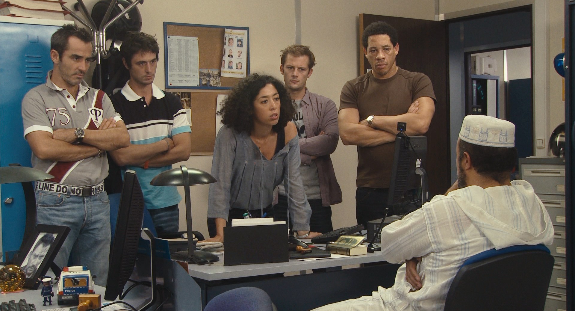 Still of Jérémie Elkaïm, Nicolas Duvauchelle, Arnaud Henriet and Joey Starr in Polisse (2011)