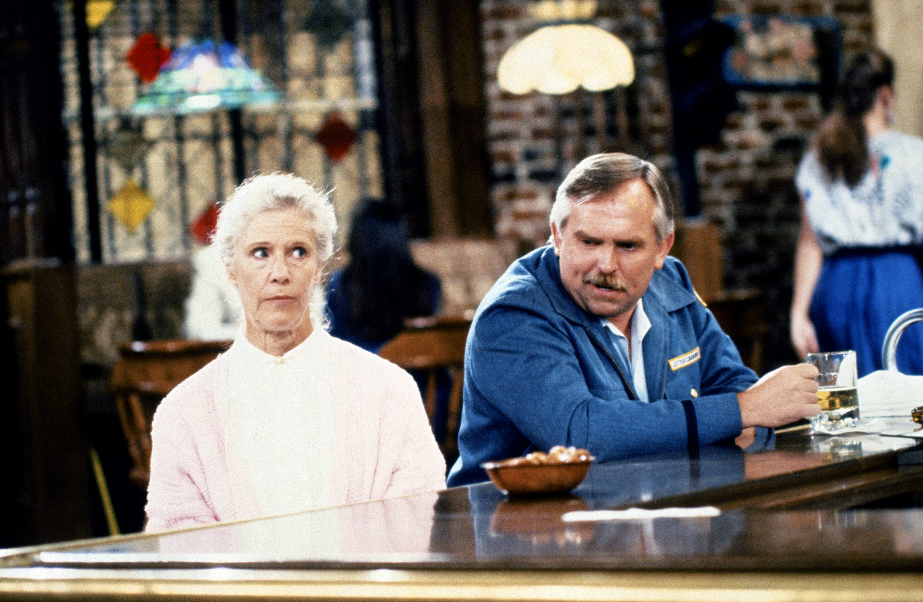 Still of John Ratzenberger and Frances Sternhagen in Cheers (1982)