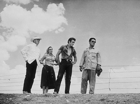 Elizabeth Taylor, James Dean and Director George Stevens on location for 