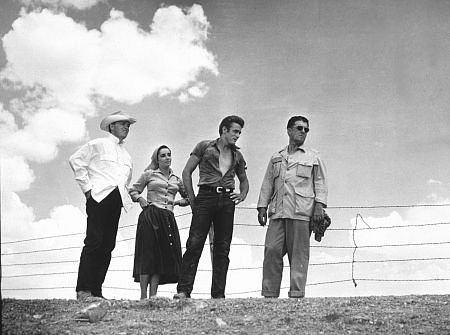 James Dean, Elizabeth Taylor, Director George Stevens, and George Stevens Jr. on location for 