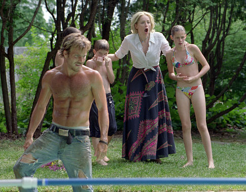 (From left to right) Dale (Stephen Dorff) comes to the aid of Jesse (Ryan Wilson), Leah (Sharon Stone), and Kristen (Kristen Stewart) when a large snake mysteriously appears in their swimming pool.