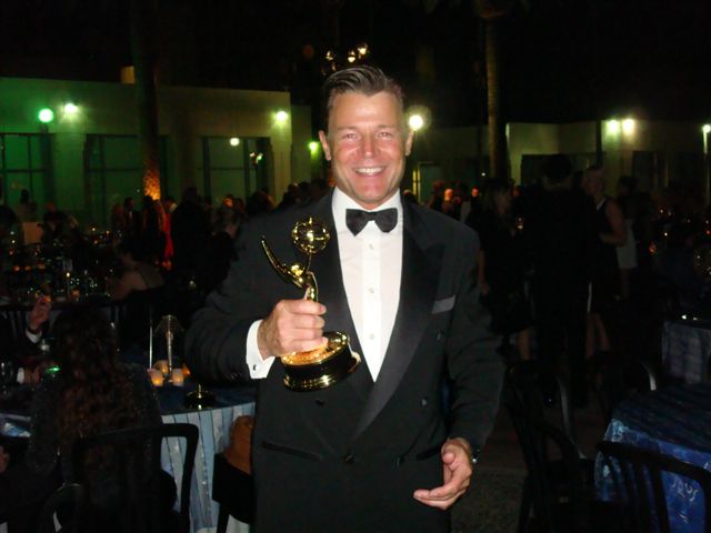 Brett Stimely holds an Emmy at the LA Emmy Awards Party (9-07-2008)