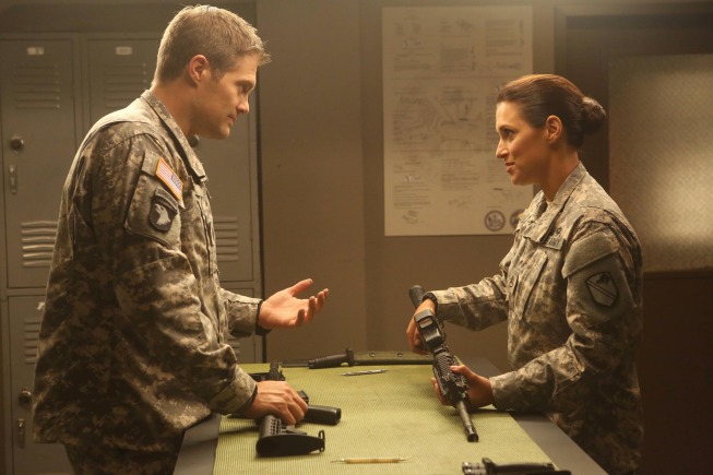 Still of Geoff Stults and Angelique Cabral in Enlisted (2014)