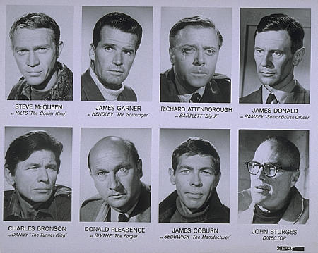 Richard Attenborough, Charles Bronson, James Coburn, Steve McQueen, Donald Pleasence, James Garner, James Donald and John Sturges in The Great Escape (1963)