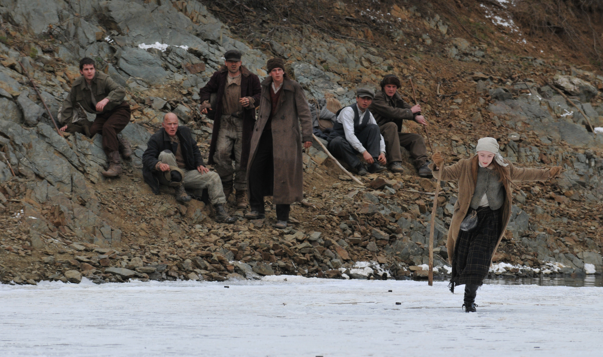 Still of Ed Harris, Colin Farrell, Jim Sturgess and Saoirse Ronan in The Way Back (2010)