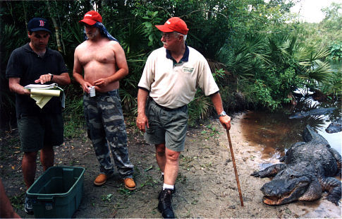 Director Paul Sullivan discusses a scene with Chris Elliott as alligator wrangler Tim Williams watches on.