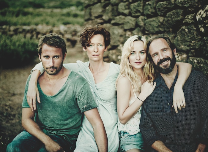 Still of Ralph Fiennes, Dakota Johnson, Matthias Schoenaerts and Tilda Swinton in A Bigger Splash (2015)